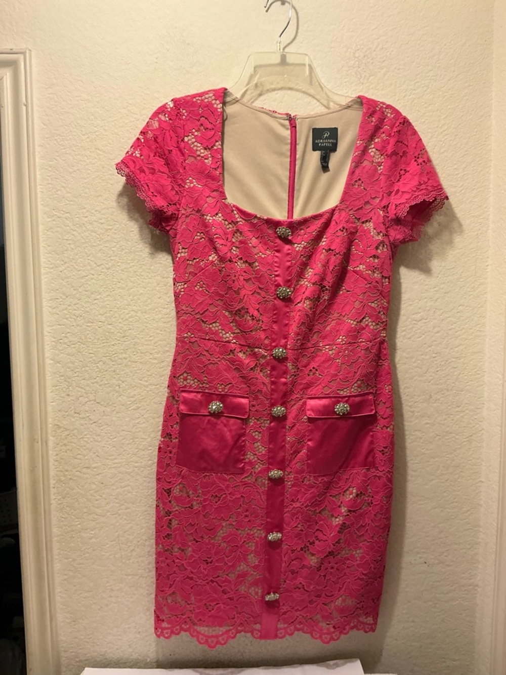 Adrianna Papell Hot Pink Lace Button-Front Short Dress - Picture 5 of 7